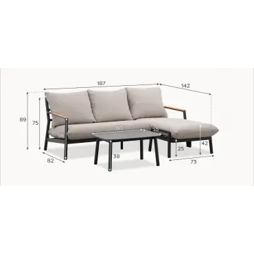 Monti Aluminium Wood 3 Seater Chaise Sofa Lounging Set
