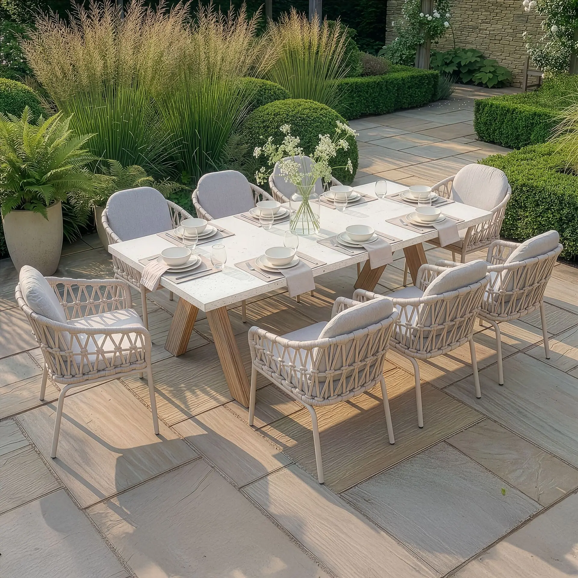 Antigua 8 Seat Rectangular Dining Set - Sicily Open Rope Weave Dining Chairs