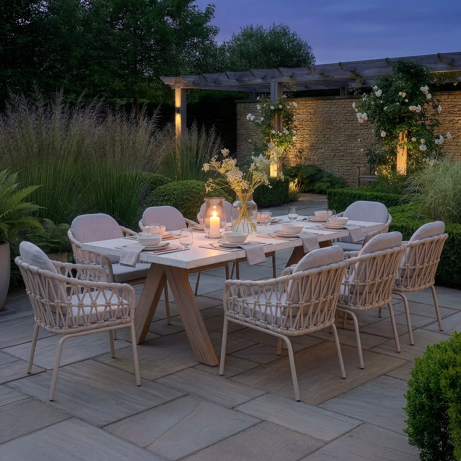 Antigua 8 Seat Rectangular Dining Set - Sicily Open Rope Weave Dining Chairs