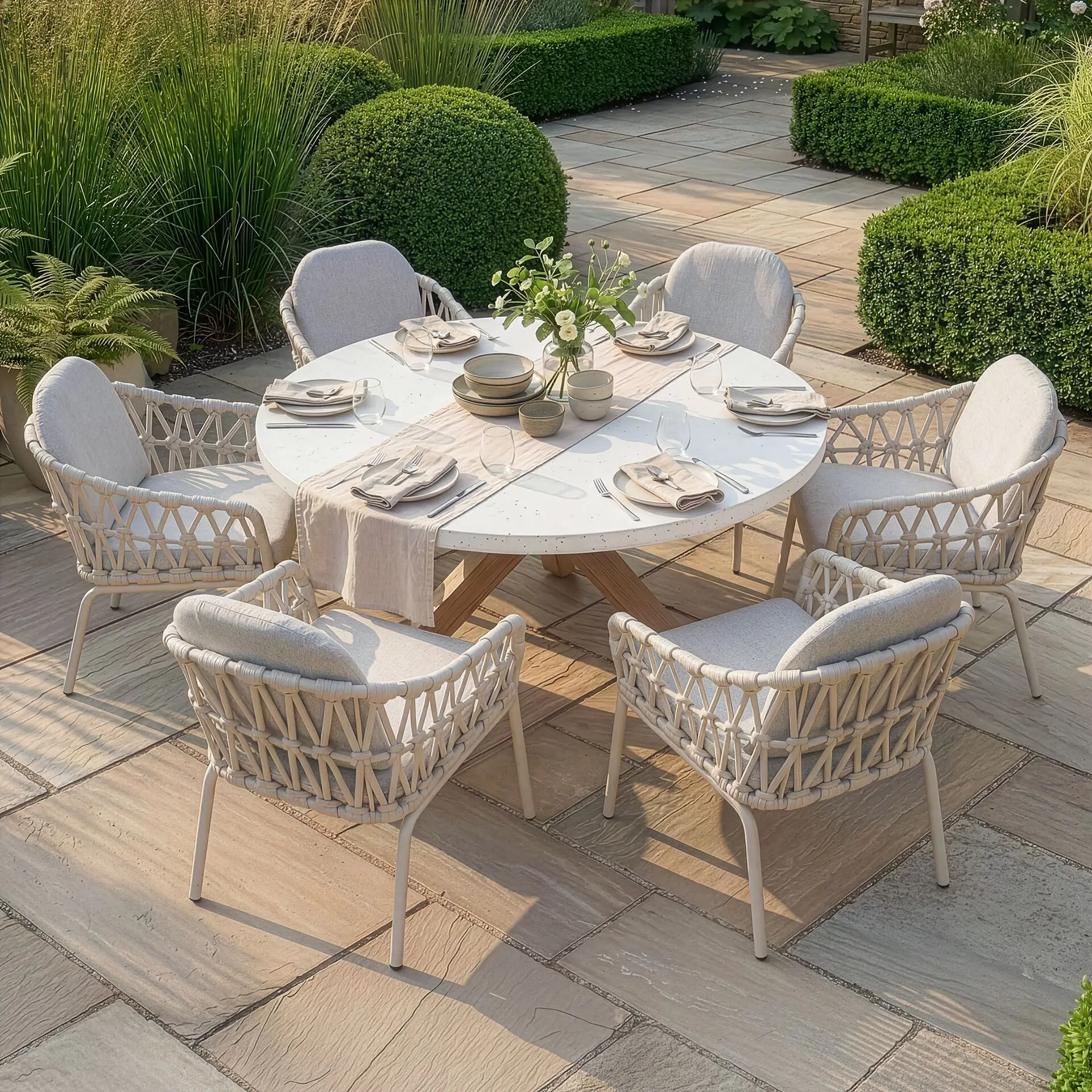Antigua 6 Seat Round Dining Set - Sicily Open Rope Weave Dining Chairs