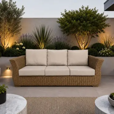 Montana 3 seater sofa – outdoor rattan, cushions included