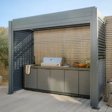 Eden Aluminium BBQ Shelter 3m x 1.4m Pergola - 2 Louvre Panels & Privacy Blind
