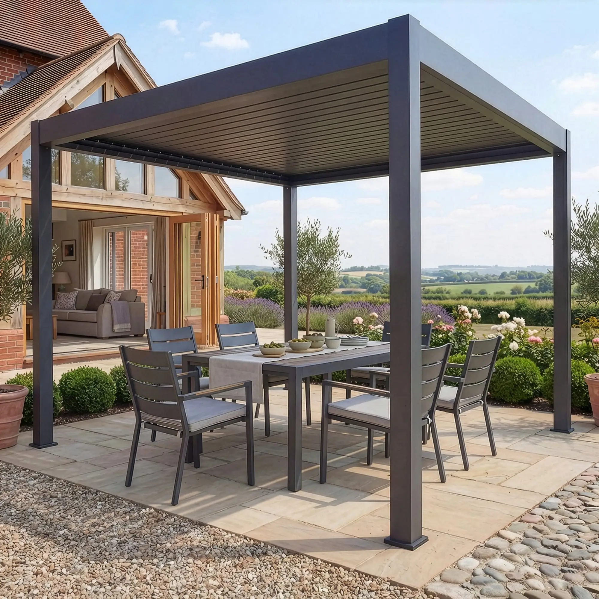 Jupiter 3m x 3m Aluminium Pergola Frame & Manual Operated Galvanised Steel Roof Louvres