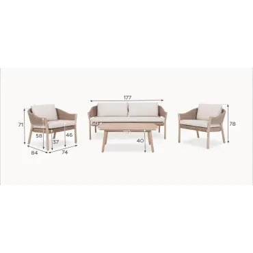 Hailey Rattan Wood 2 Seater Sofa Lounging Set