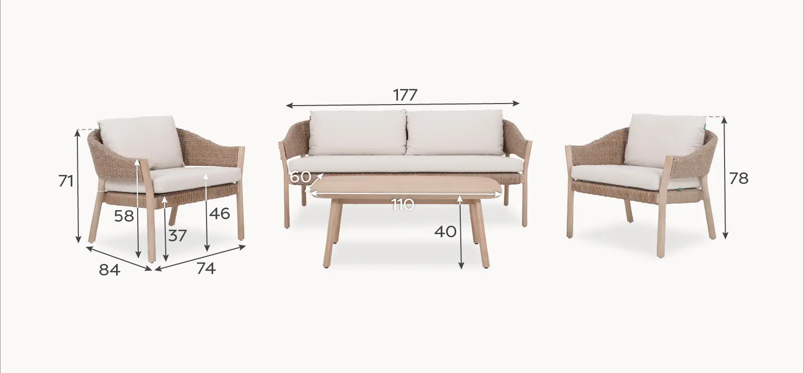 Hailey Rattan Wood 2 Seater Sofa Lounging Set