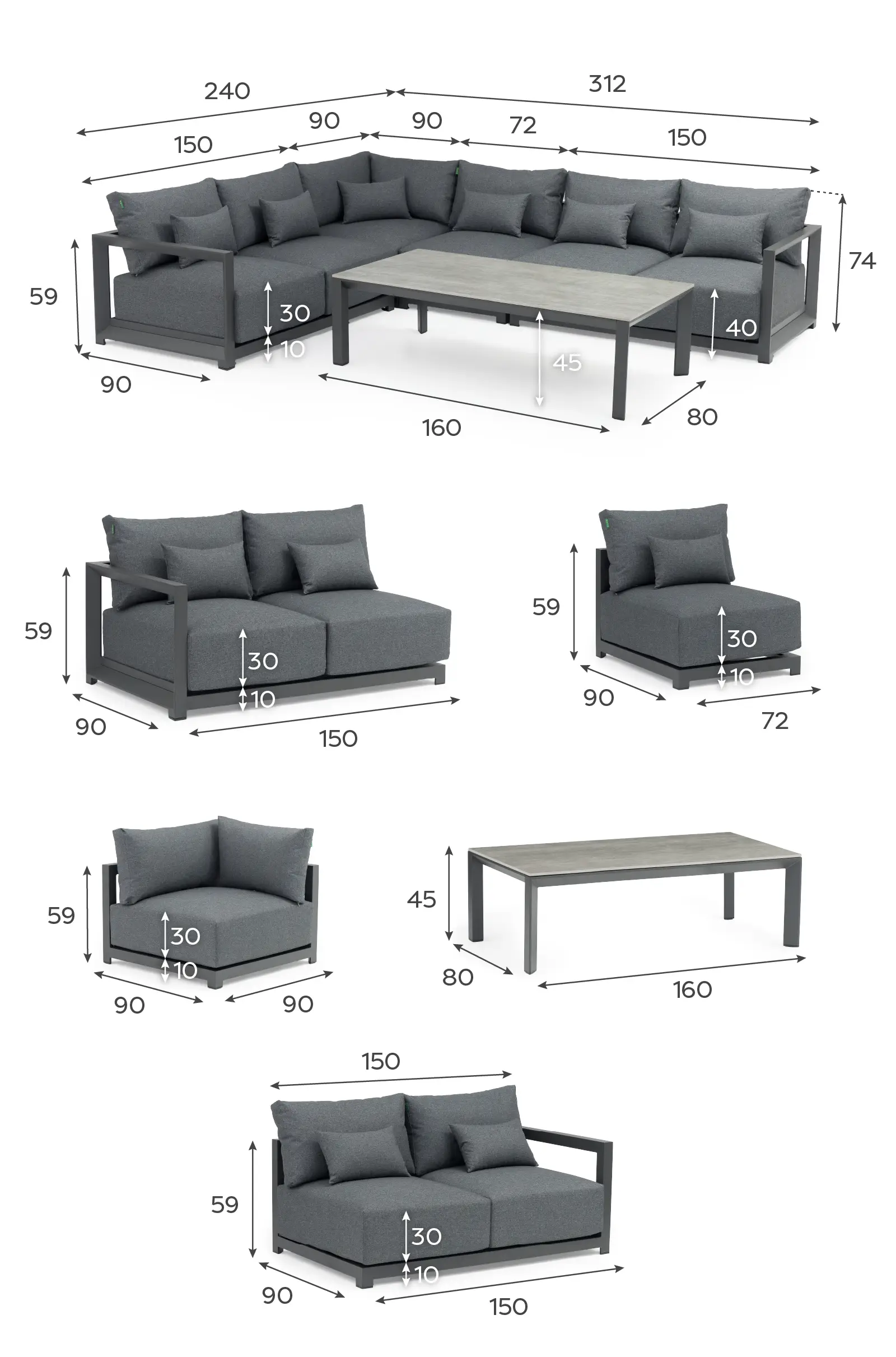 Rex Aluminium Large Corner Sofa Lounging Set
