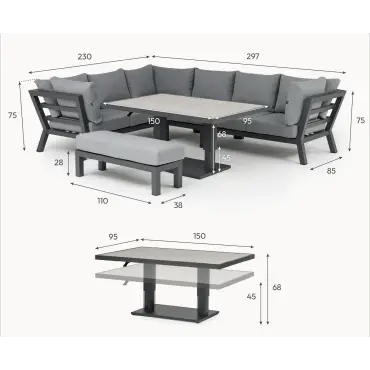 Emerson Corner Aluminium Dining Set - Bench & Adjustable Rising Table