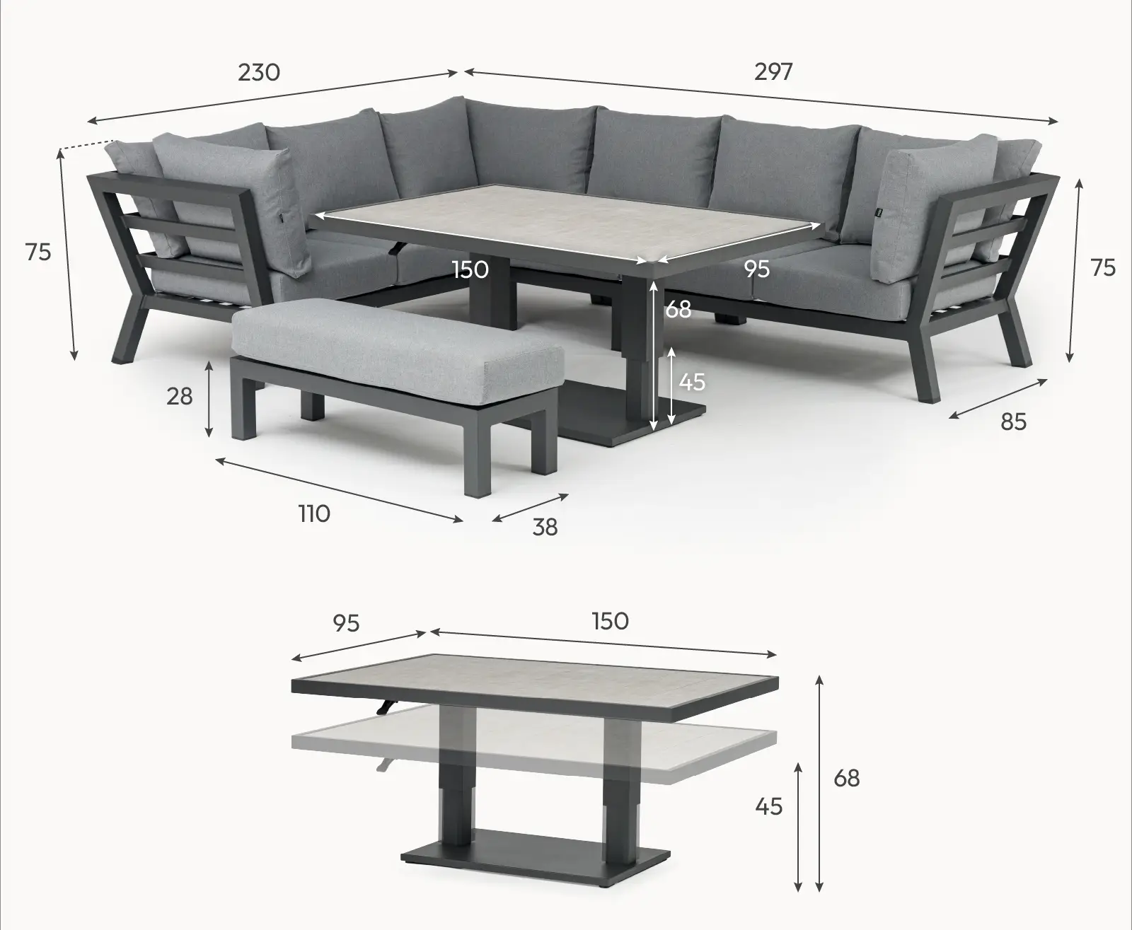 Emerson Corner Aluminium Dining Set - Bench & Adjustable Rising Table