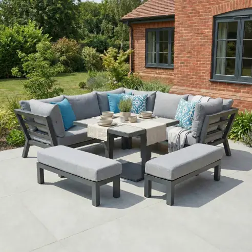 Emerson Compact Corner Aluminium Dining Set - 2 Benches & Adjustable Rising Table Emerson Compact Corner Aluminium Dining Set - 2 Benches & Adjustable Rising Table