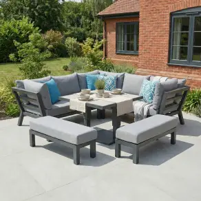 Emerson Compact Corner Aluminium Dining Set - 2 Benches & Adjustable Rising Table