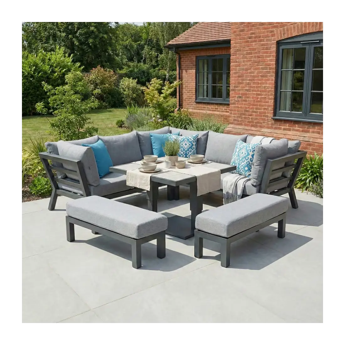Emerson Compact Corner Aluminium Dining Set - 2 Benches & Adjustable Rising Table Emerson Compact Corner Aluminium Dining Set - 2 Benches & Adjustable Rising Table