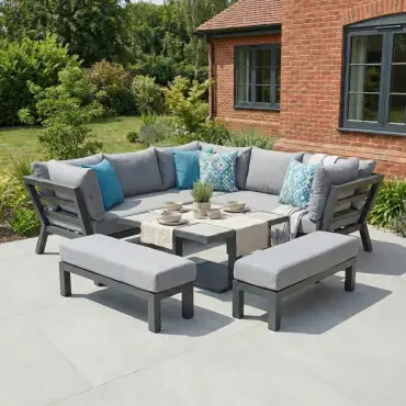 Emerson Compact Corner Aluminium Dining Set - 2 Benches & Adjustable Rising Table