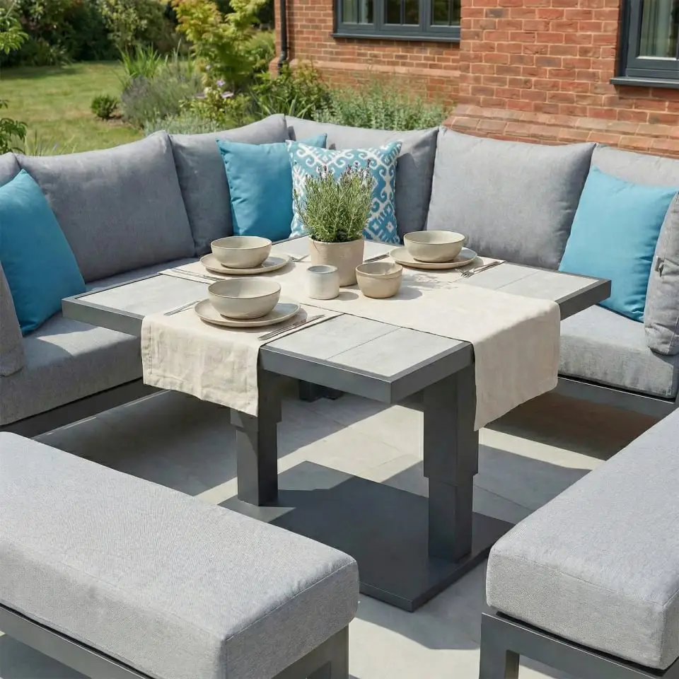 Emerson Compact Corner Aluminium Dining Set - 2 Benches & Adjustable Rising Table