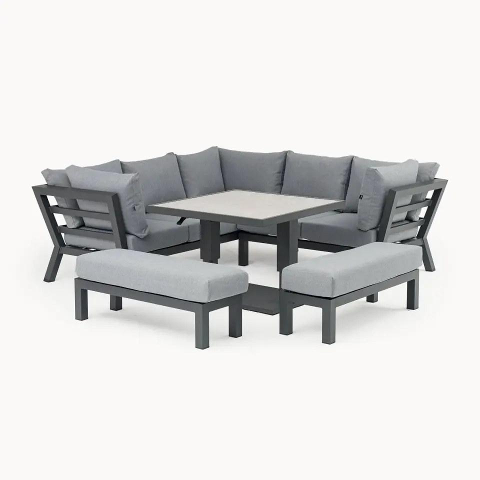 Emerson Compact Corner Aluminium Dining Set - 2 Benches & Adjustable Rising Table