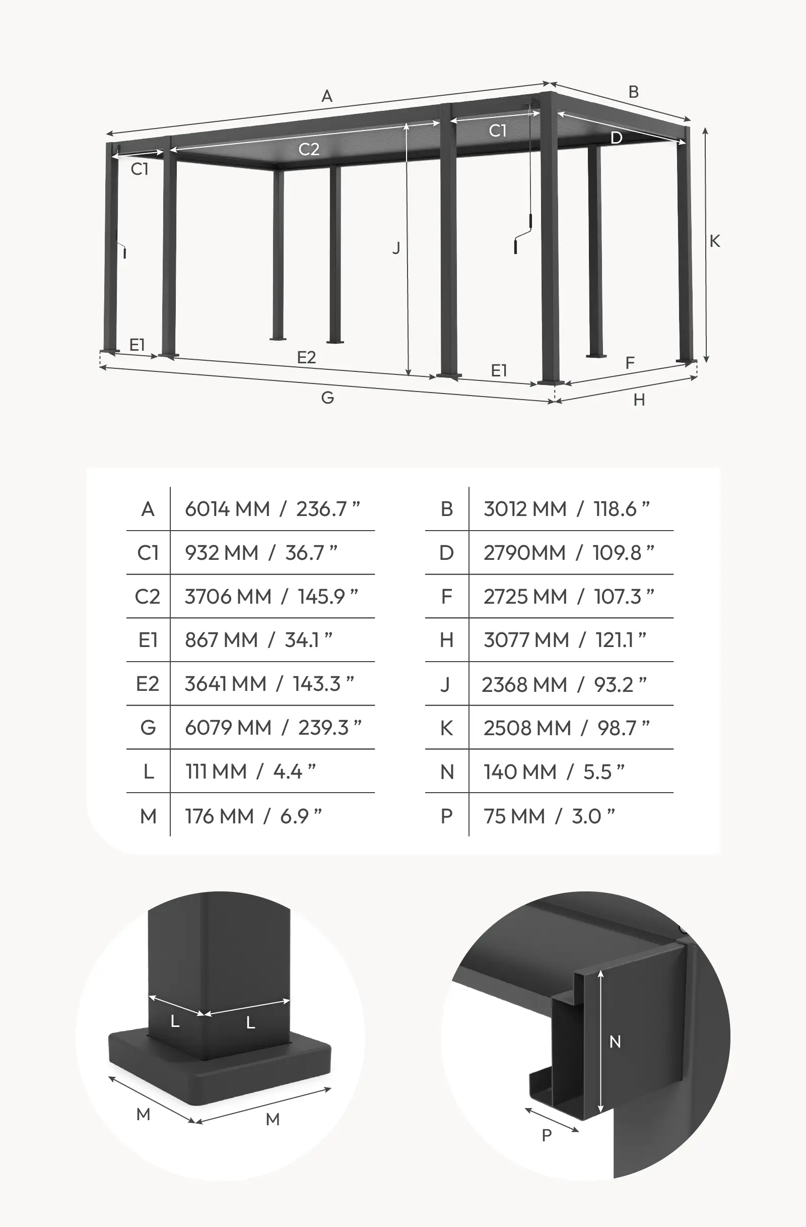 Legacy Aluminium Metal Pergola - 6m (1+4+1m) x 3m Free Standing