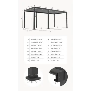 Titan Free Standing 2+4 -6.0 -3.0M Rectangular Manually Operated Pergola - Grey