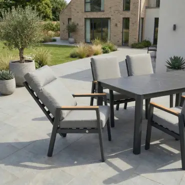 Isaac 8 Seat Aluminium Wood Dining Set with 2 Reclining Chairs