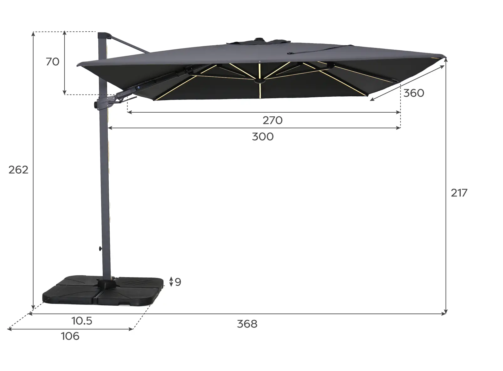 Astra 3.6m x 2.7m Rectangular LED Aluminium Cantilever Parasol - Grey