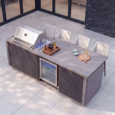 Outdoor Kitchen Island & Bar - 4 Burner Gas Grill, Fridge & Storage Units