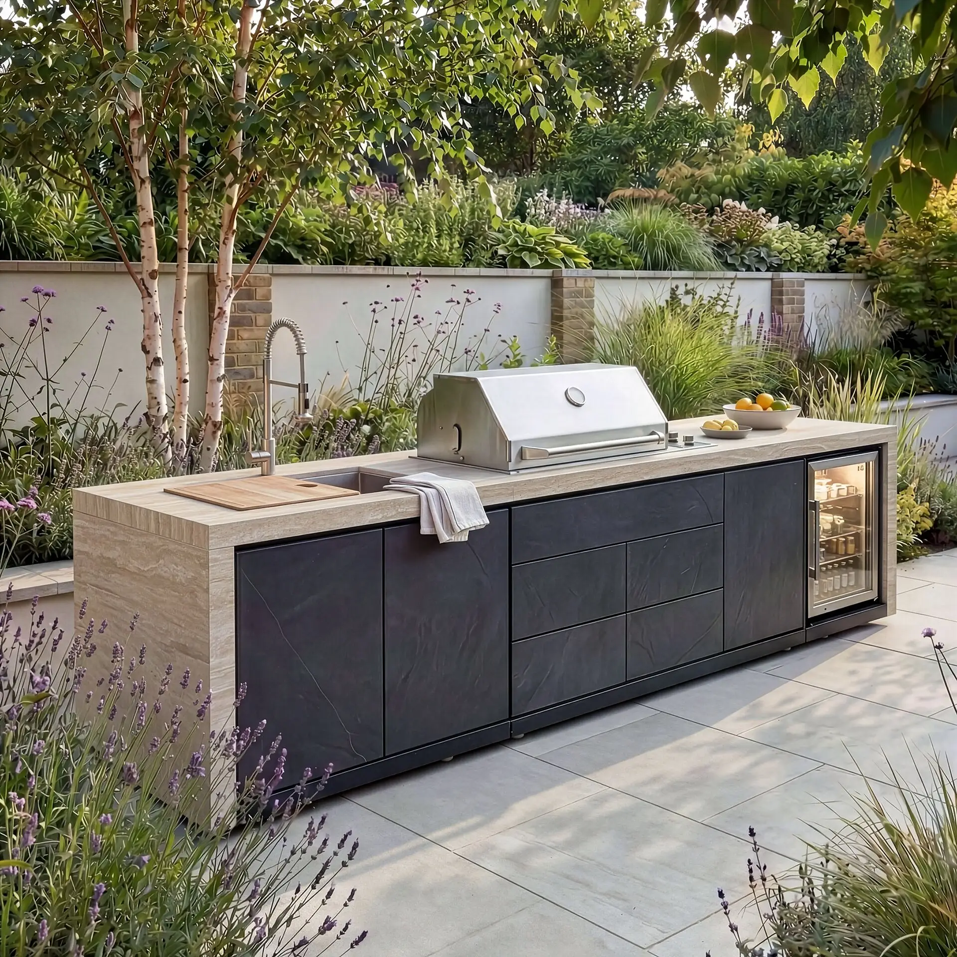 Monarch Linear Outdoor Kitchen - 4 Burner Gas Grill, Sink & Single Fridge