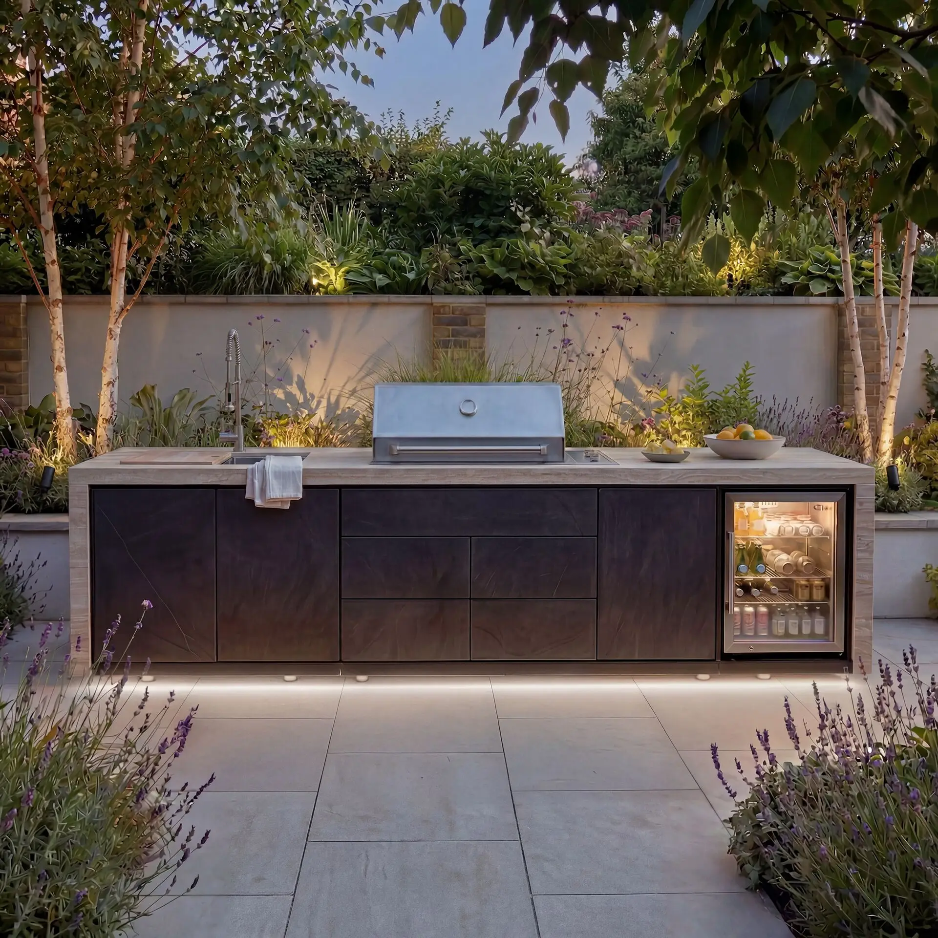 Monarch Linear Outdoor Kitchen - 4 Burner Gas Grill, Sink & Single Fridge