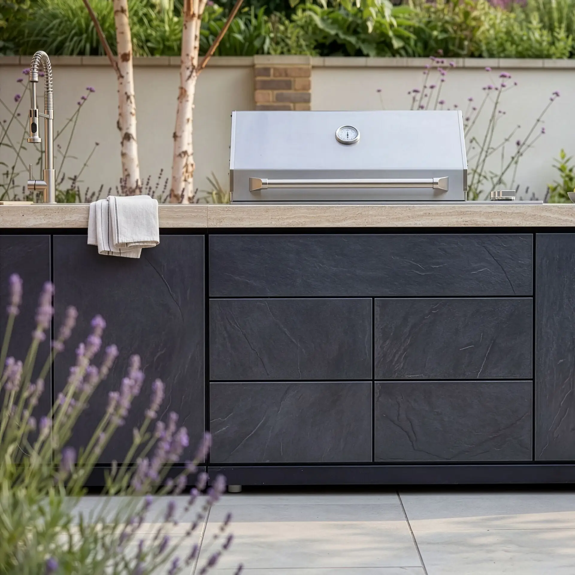 Monarch Linear Outdoor Kitchen - 4 Burner Gas Grill, Sink & Single Fridge