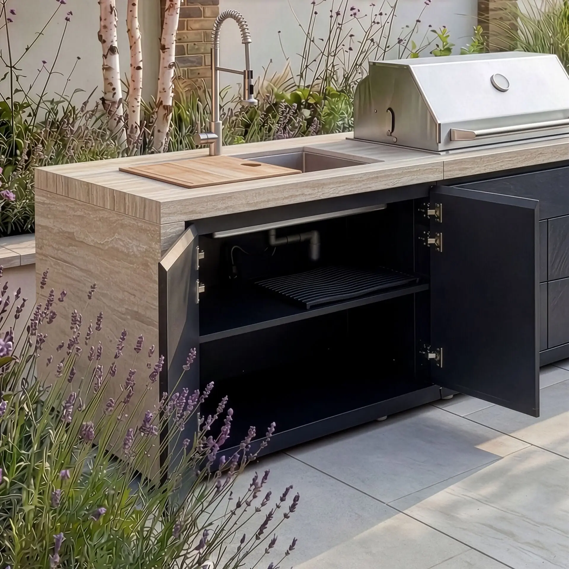 Monarch Linear Outdoor Kitchen - 4 Burner Gas Grill, Sink & Single Fridge