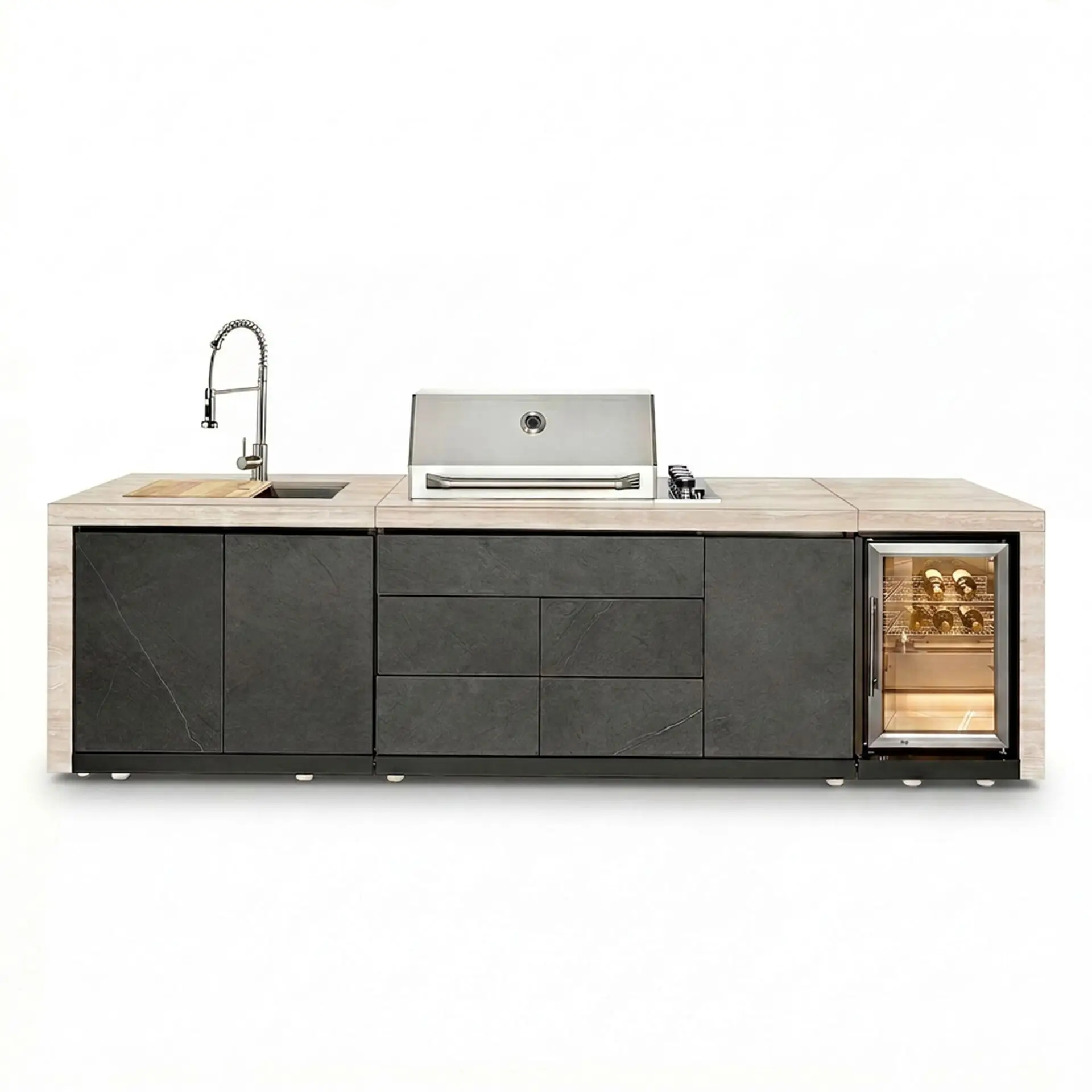 Monarch Linear Outdoor Kitchen - 4 Burner Gas Grill, Sink & Single Fridge