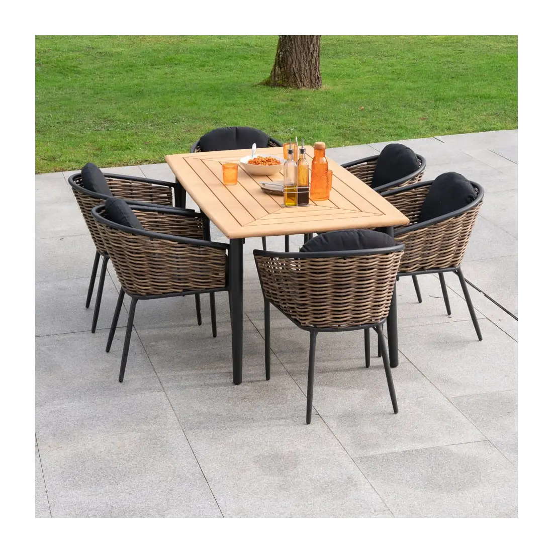 Cane 6 Seat Rattan Aluminium Dining Set - Rectangular Table