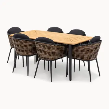Cane 6 Seat Rattan Aluminium Dining Set - Rectangular Table