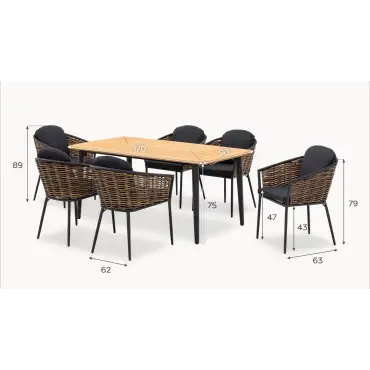 Cane 6 Seat Rattan Aluminium Dining Set - Rectangular Table
