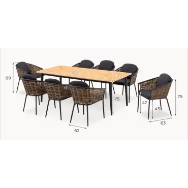 Cane 8 Seat Rattan Aluminium Dining Set - Rectangular Table