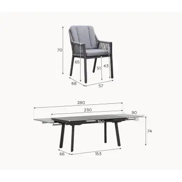 Darcey 6 Seat Rope Aluminium Dining Set - Extending Table with 6 Chairs