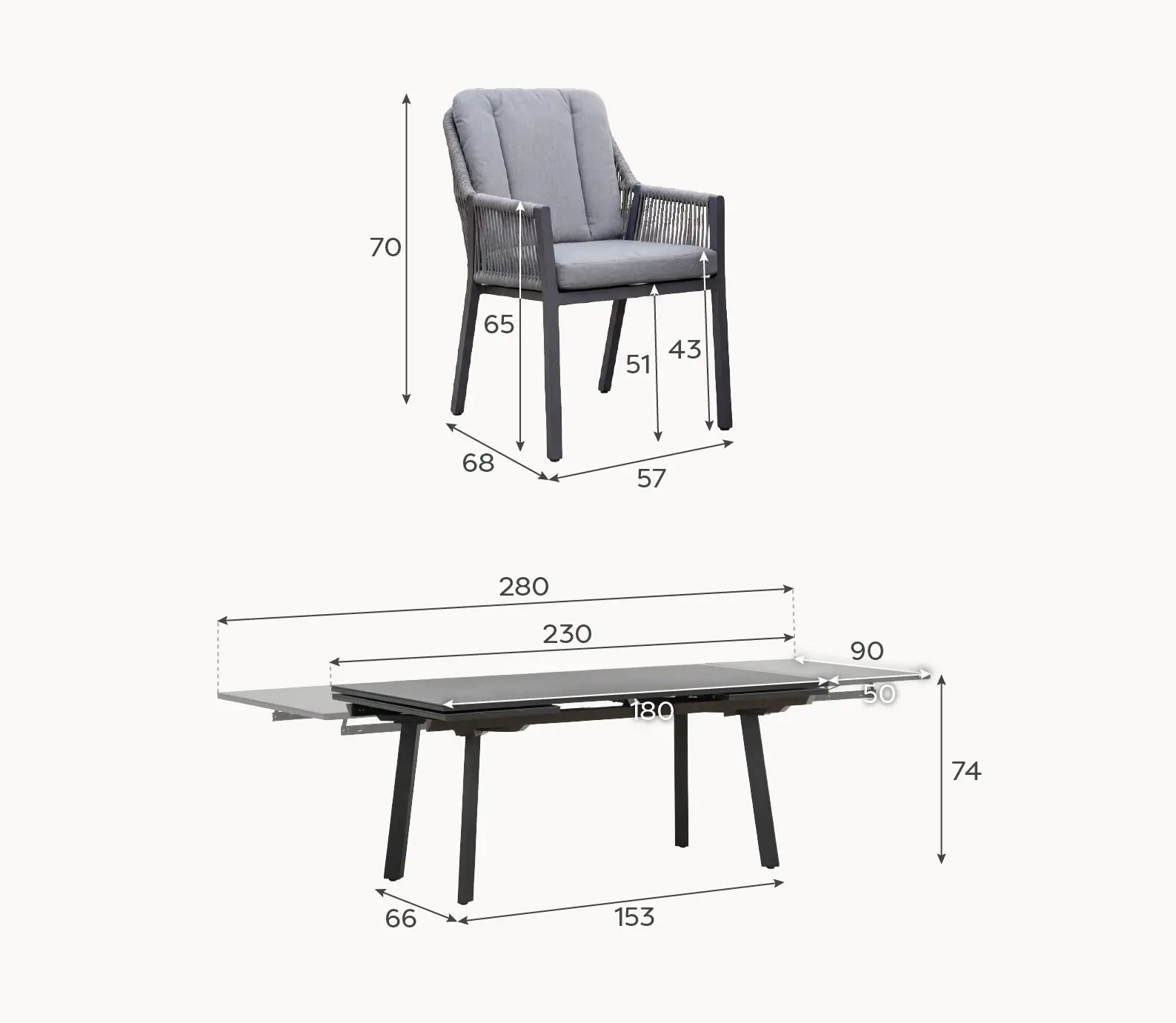 Darcey 10 Seat Rope Aluminium Dining Set - Extending Table with 10 Chairs