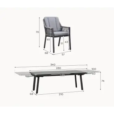 Darcey 12 Seat Rope Aluminium Dining Set - Extending Table with 12 Chairs