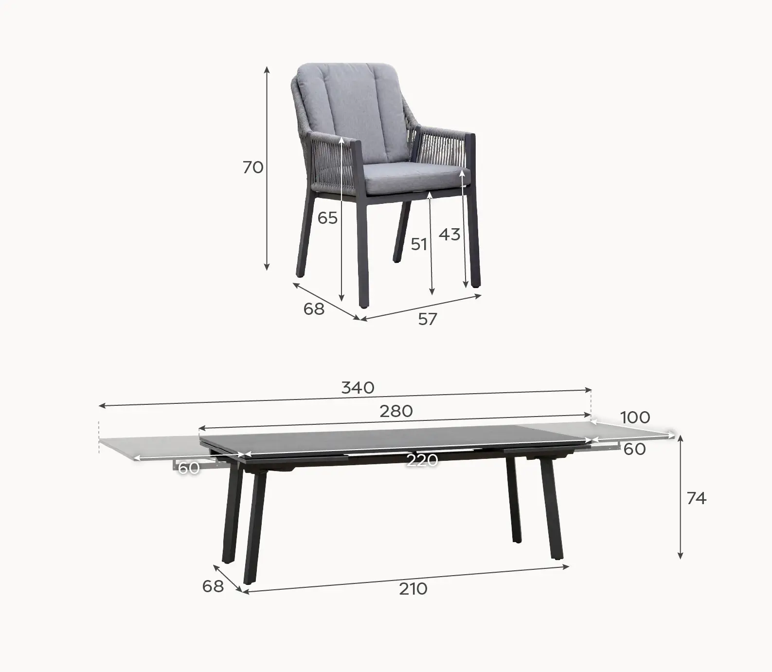 Darcey 12 Seat Rope Aluminium Dining Set - Extending Table with 12 Chairs