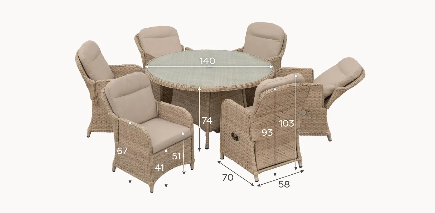 Audrey 6 Seat Rattan Reclining Dining Set - Round Table