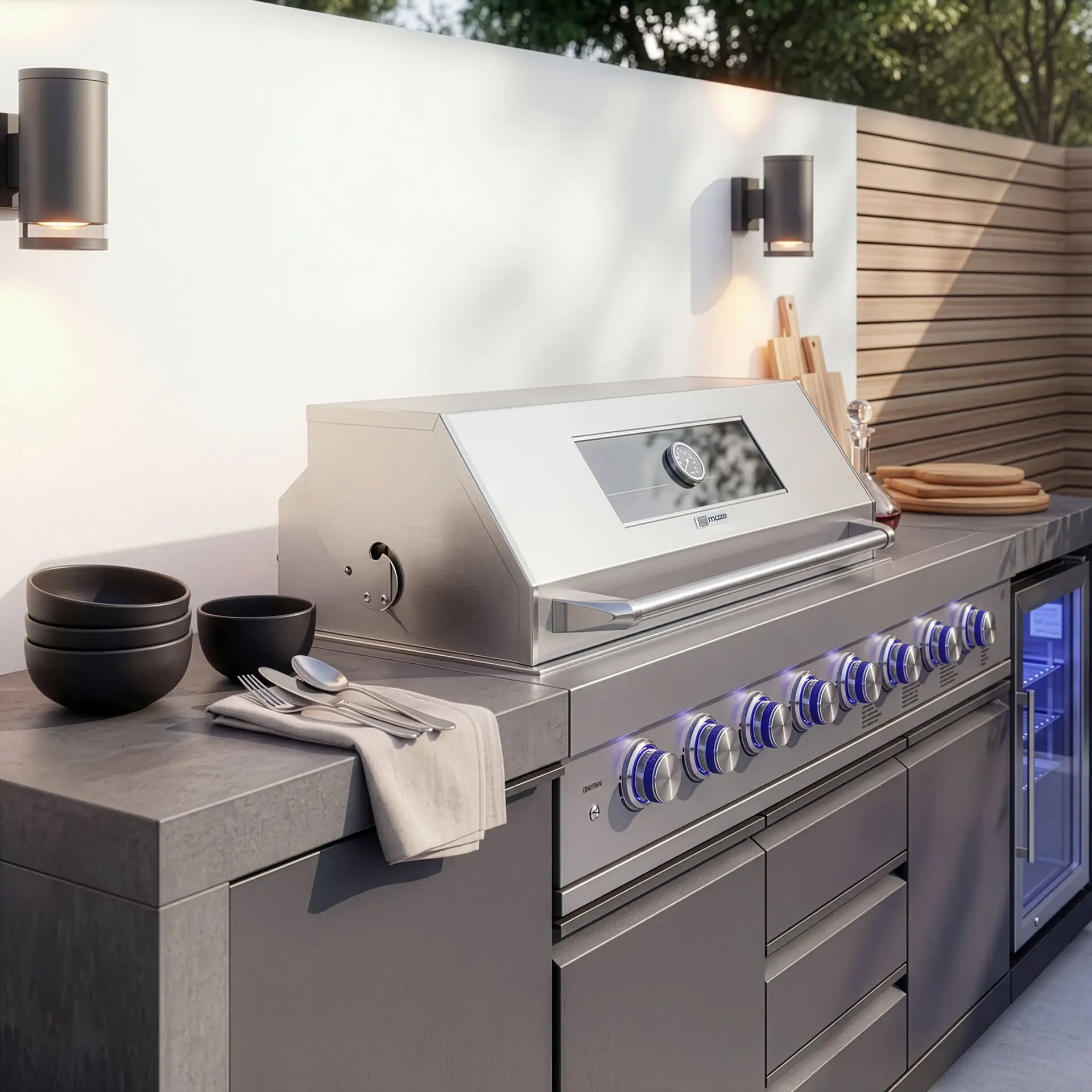 Ember Linear Outdoor Kitchen with 6 Burner Gas Grill & Single Fridge