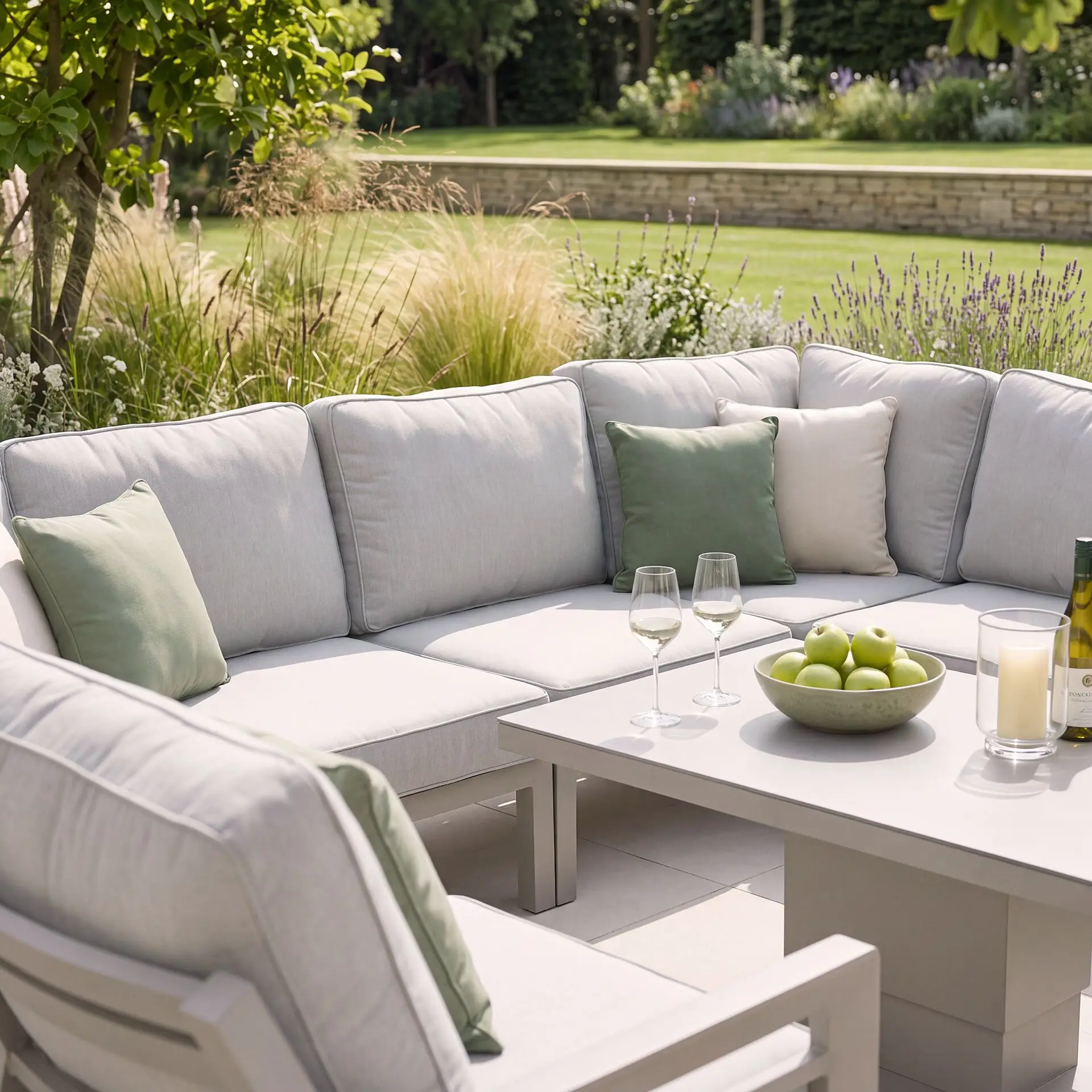 New York U-Shaped Aluminium Sofa Set with Ceramic Glass Rising Table - Latte