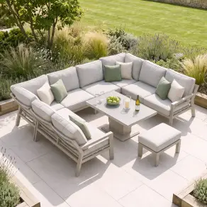 New York U-Shaped Aluminium Sofa Set with Ceramic Glass Rising Table - Latte