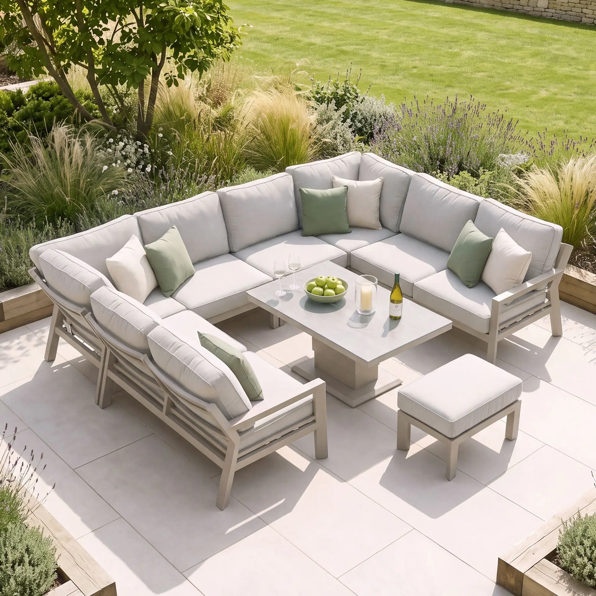 New York U-Shaped Aluminium Sofa Set with Ceramic Glass Rising Table - Latte