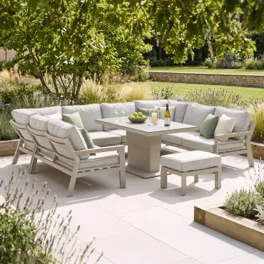 New York U-Shaped Aluminium Sofa Set with Ceramic Glass Rising Table - Latte