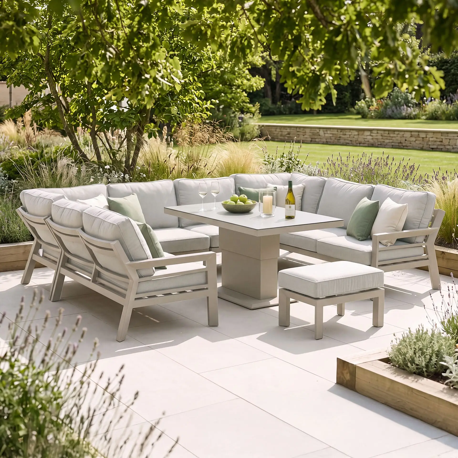 New York U-Shaped Aluminium Sofa Set with Ceramic Glass Rising Table - Latte