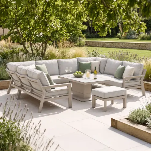 New York U-Shaped Aluminium Sofa Set with Ceramic Glass Rising Table - Latte New York U-Shaped Aluminium Sofa Set with Ceramic Glass Rising Table - Latte
