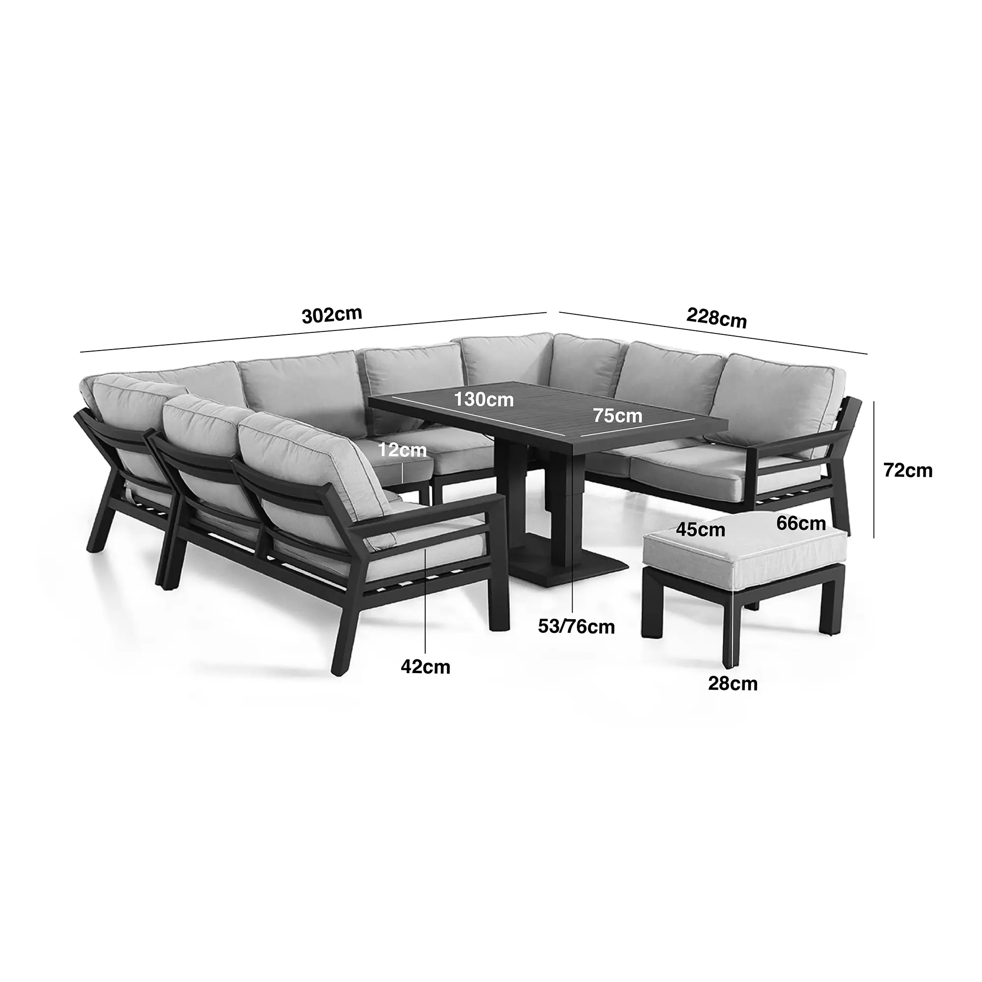 New York U-Shaped Aluminium Sofa Set with Ceramic Glass Rising Table - Latte