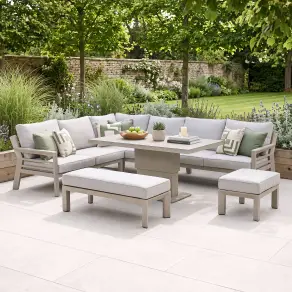 New York Aluminium Corner Sofa Dining Set with Ceramic Glass Rising Table - Latte
