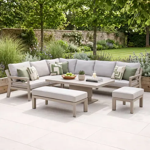 New York Aluminium Corner Sofa Dining Set with Ceramic Glass Rising Table - Latte New York Aluminium Corner Sofa Dining Set with Ceramic Glass Rising Table - Latte