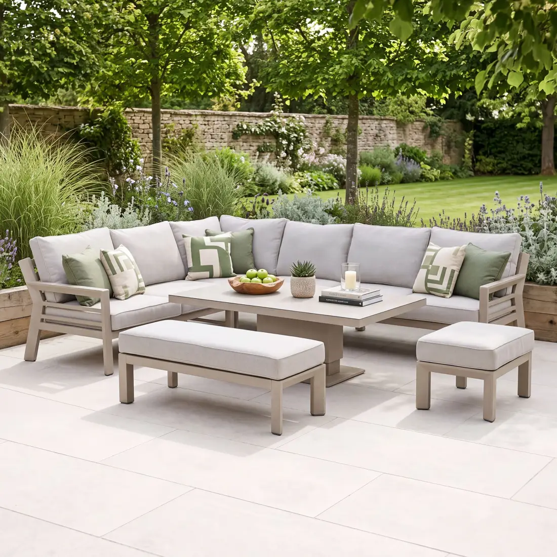 New York Aluminium Corner Sofa Dining Set with Ceramic Glass Rising Table - Latte New York Aluminium Corner Sofa Dining Set with Ceramic Glass Rising Table - Latte