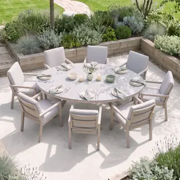New York 8 Seat Oval Aluminium Ceramic Glass Dining Set - Latte