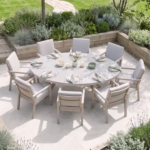New York 8 Seat Oval Aluminium Ceramic Glass Dining Set - Latte New York 8 Seat Oval Aluminium Ceramic Glass Dining Set - Latte